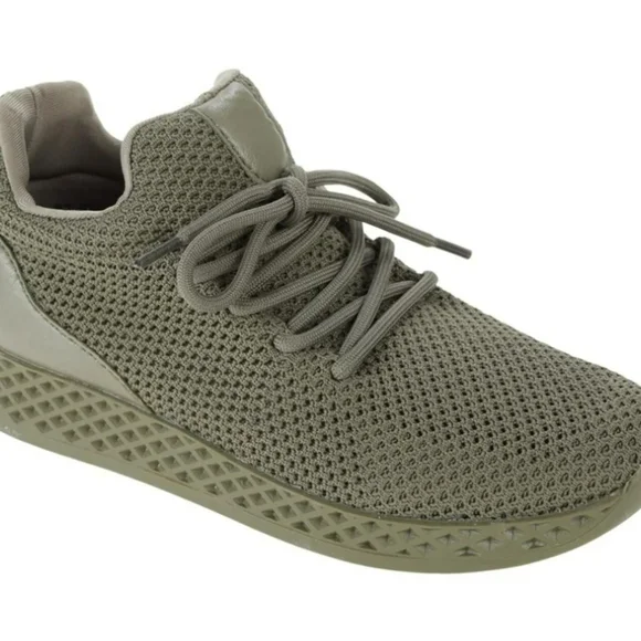 Men's Olive Knit Sneakers with Textured Sole - Picture 2 of 7